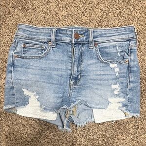 American Eagle Outfitters Light Wash Distressed Denim Shorts with Lace Inset